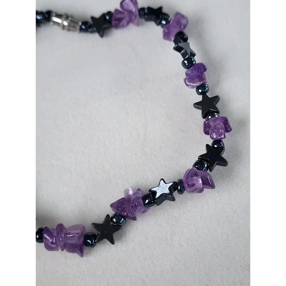 Genuine AMETHYST Chip With Gunmetal Gray Stars Bracelet Hand Crafted FREE $HIP!!